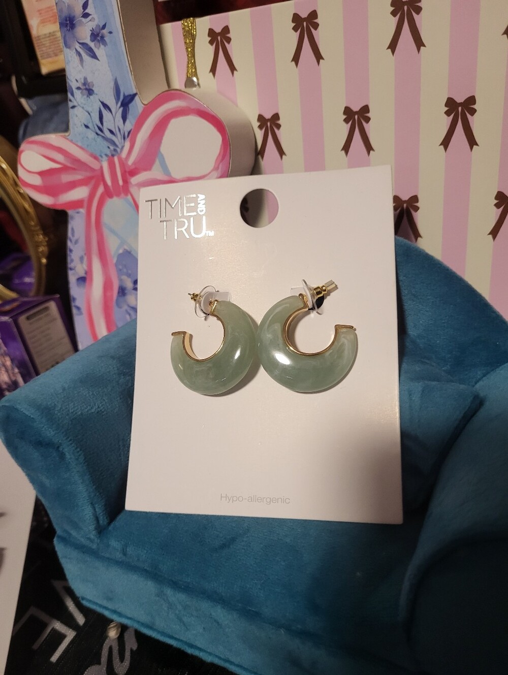 Time and Tru Green Hoop Earrings - Gold Trim